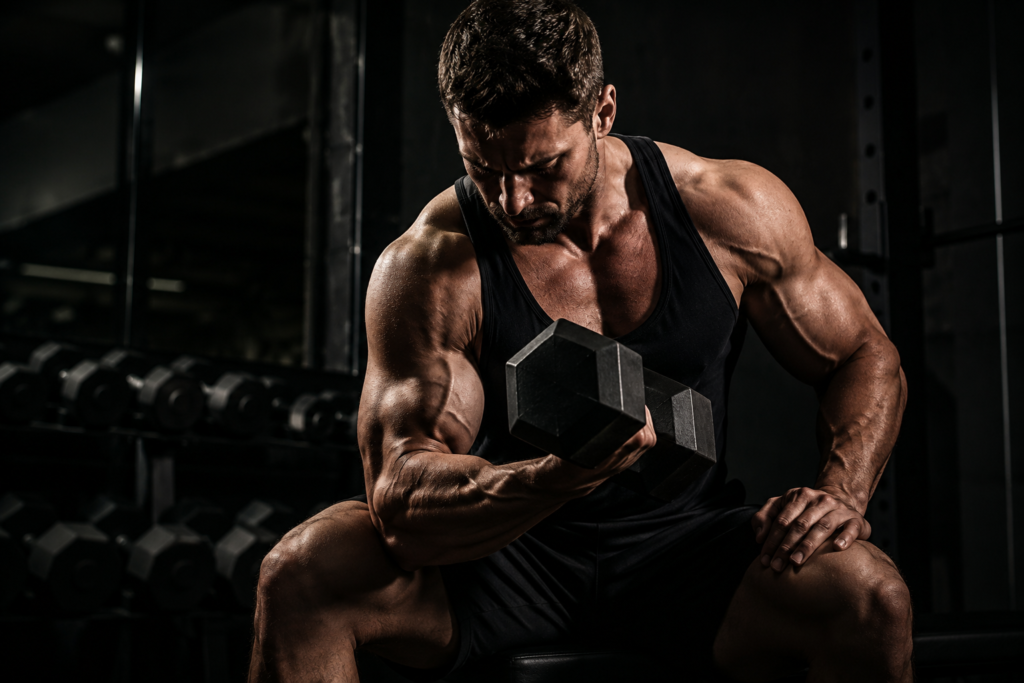 Muscular man lifting dumbbell in gym — testosterone and strength