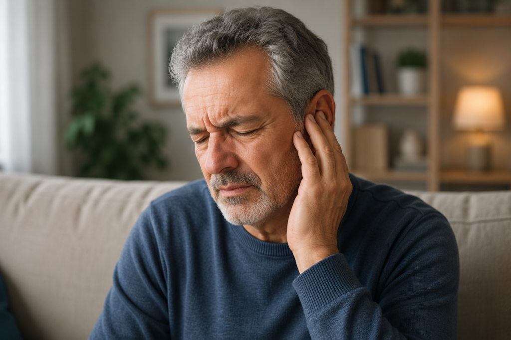 Best Tinnitus (Ear Ringing) Supplements in 2026: 4 Products Compared & Reviewed Man experiencing tinnitus ear ringing pain