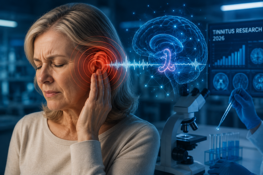 Woman with tinnitus ear ringing and brain research visualization 2026