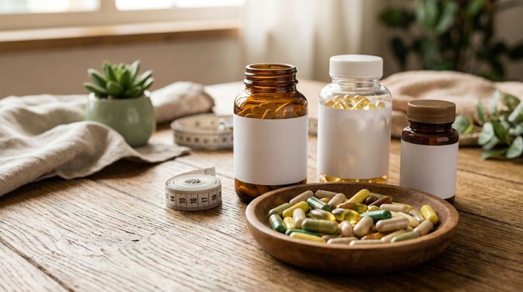 Weight loss supplements and diet pills on wooden table
